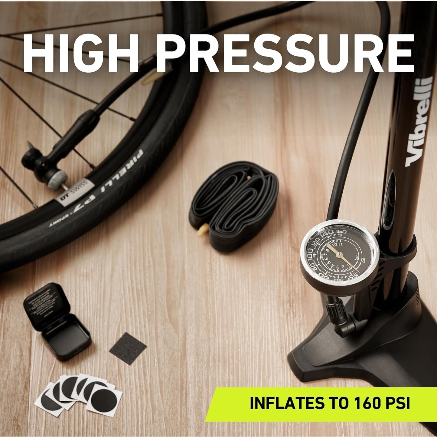Vibrelli Bike Floor Pump with Gauge - High Pressure 160 PSI, Presta & Schrader Compatible + Glueless Puncture Kit