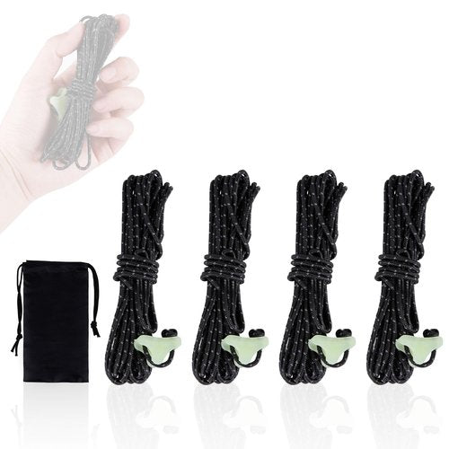 HIKEMAN Ultralight Tent Guy Ropes - 2mm Reflective Guyline,UHMWPE Camping Guide Rope with Luminescent Tensioner for Outdoor Camping Hiking Awning Tents (Black, 4M)