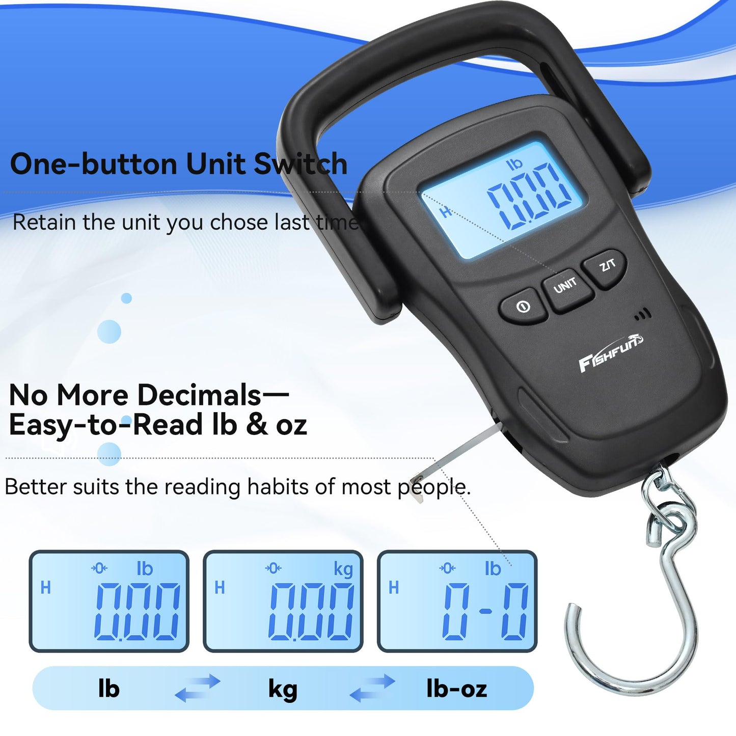 Fishfun Rechargeable Fish Scale, Digital Hanging Fish Weight Scale with Large Handle and Tape Measure for Fishing, Hunting, Outdoor, Farm, 110lb/50kg