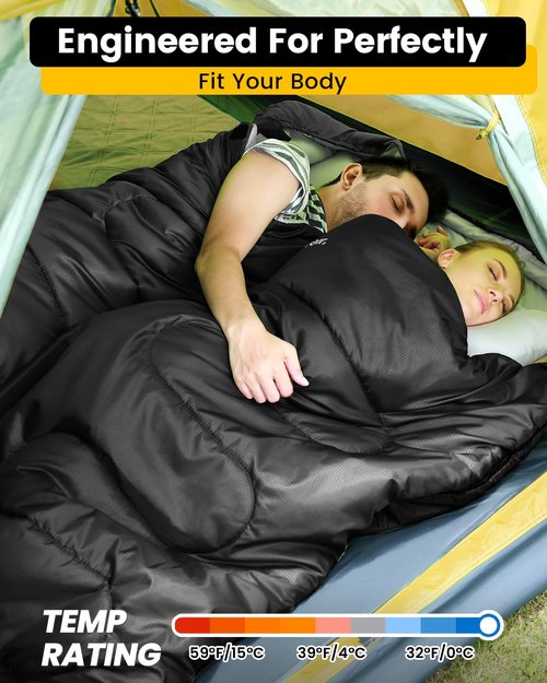 Sportneer Double Sleeping Bag: Queen Size 2 Person All Season for Warm & Cold Weather Camping Sleeping Bag with 2 Pillows, Waterproof Lightweight Large Size 86.6'' x 59''