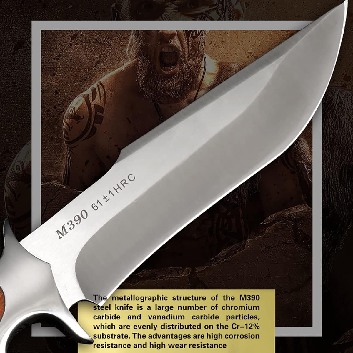 QIXENIO M390 Steel Handmade Hunting Knife, Fixed Blade Full-Tang with Leather Sheath, Red Wood Non-Slip Handle - Survival, Tactical, Camping knives