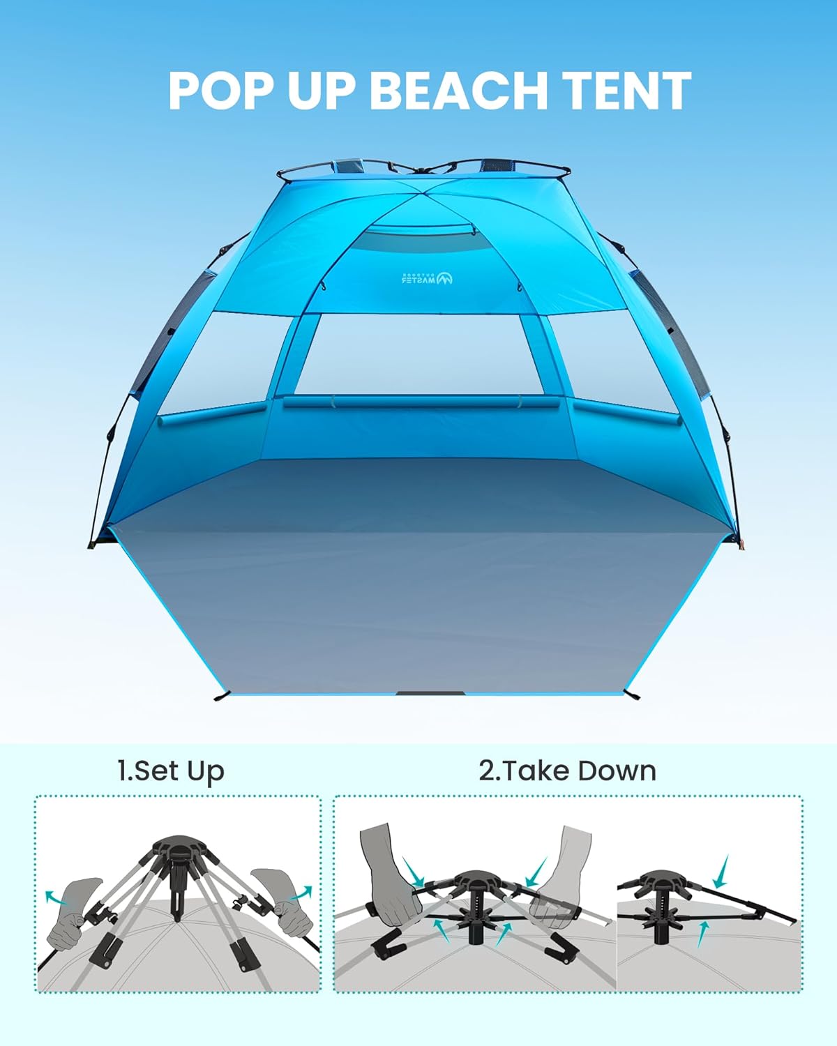 OutdoorMaster Beach Tent Sun Shelter for 3-4 Person, Pop Up Beach Tent Easy Setup with Sandbags, Portable Sun Shade Canopy with Carrying Bag for Beach & Outdoor, UPF50+ UV Protection, Family Size