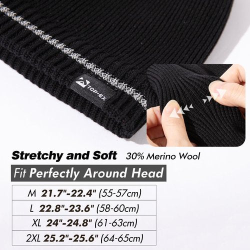 XL Men's Women's Oversize Winter Black Reflective Strips Wool Beanie Waterproof Fleece Lined Knit Cap Hat All-Weather Warm Rain X-Large Extra Large Big Head