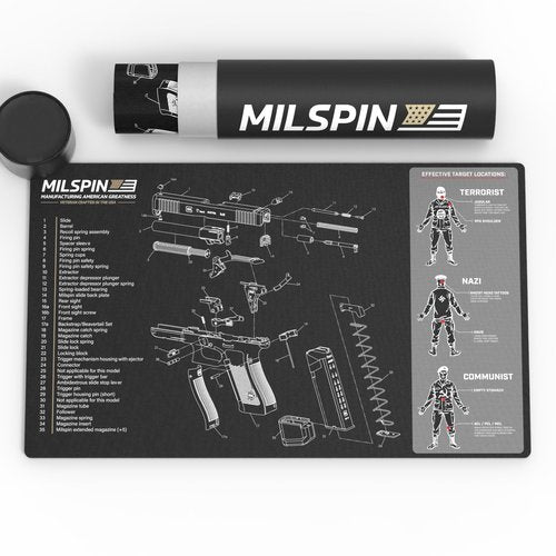 Milspin Gun Cleaning Mat for Glock, Double Thick Rubber Construction, Heavy Duty Non-Slip Surface, Solvent Resistant, Includes Storage Case
