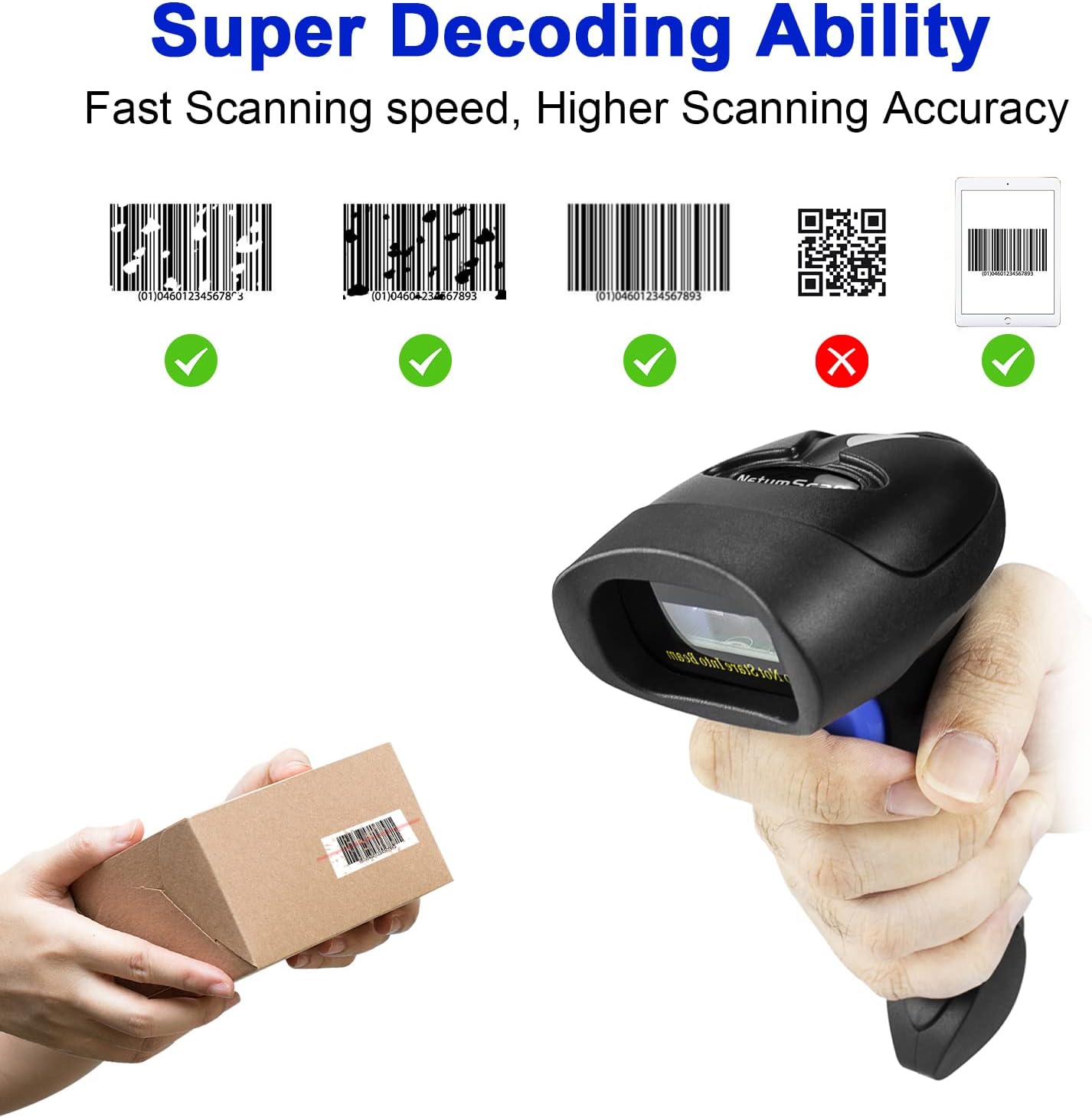 Wireless 1D 2D Barcode Scanner with Stand, NetumScan Portable Automatic QR Code Scanner Supports Screen Scan Handheld CMOS Image Bar Code Reader with USB Receiver for Warehouse POS and Computer