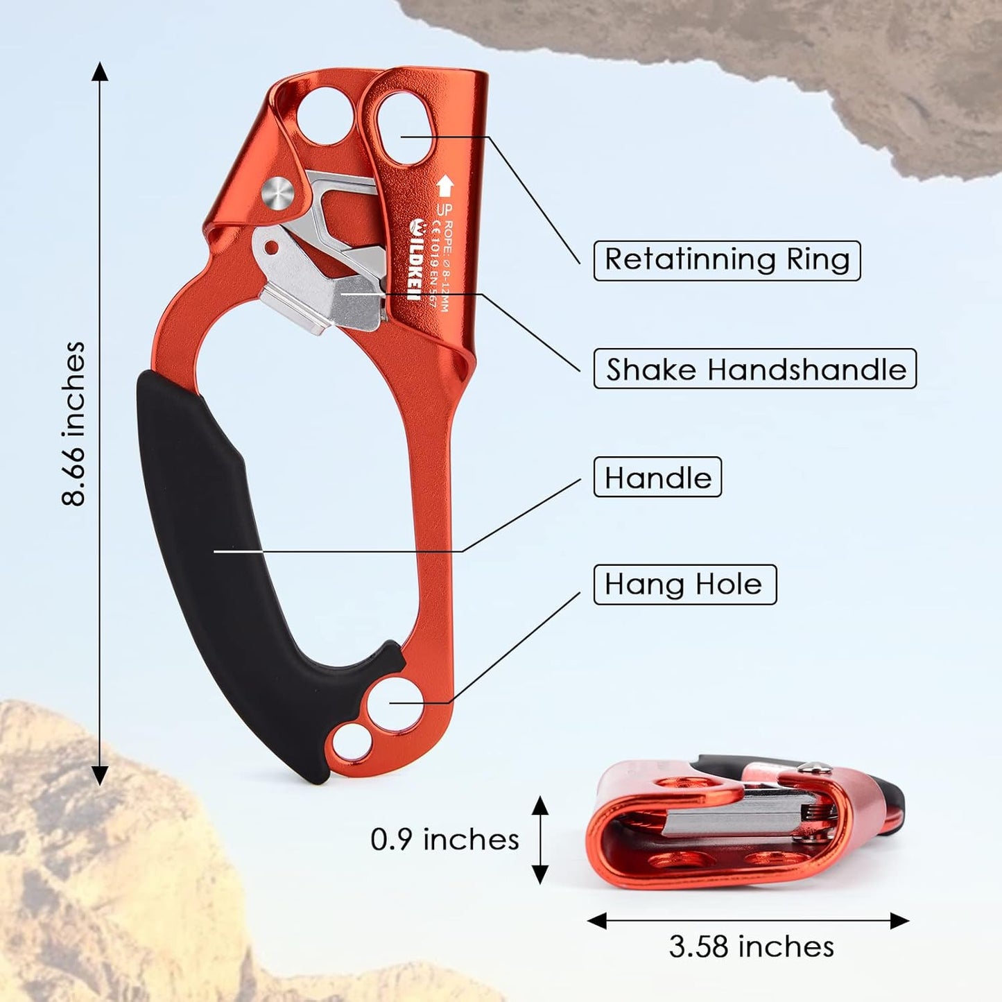 WILDKEN Climbing Hand Ascender Outdoor Mountaineering Tree Arborist Climbing Rappelling Equip Hand Ascender for 8-14MM Rope Left Right Hand Ascender