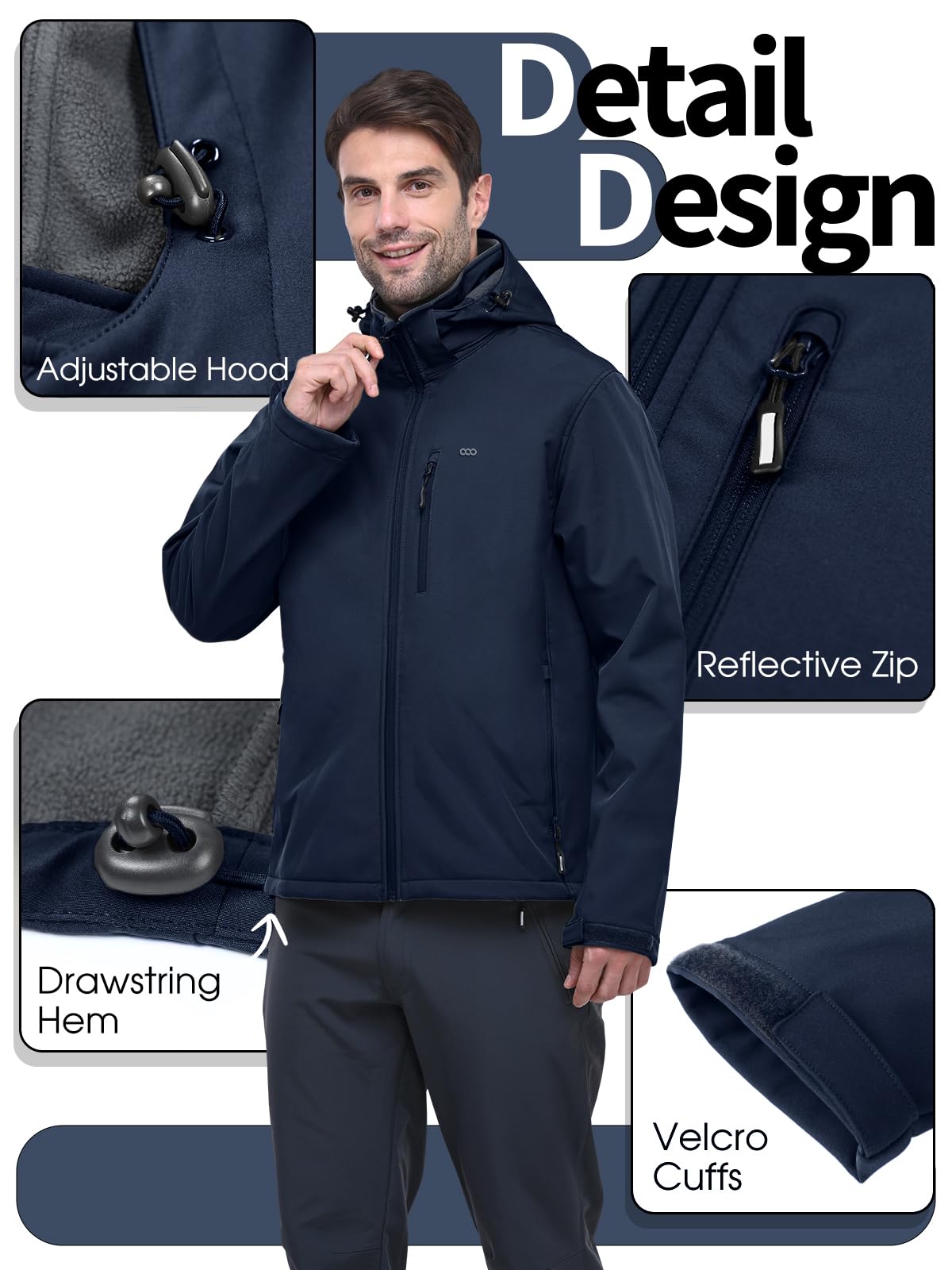 33,000ft Men's Softshell Jacket with Hood Fleece Lined Windbreaker Lightweight Waterproof Jackets for Hiking