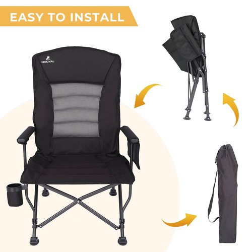 Camping Chairs for Adults, Adjustable Backrest Heavy Duty Oversized Folding Camping Chair Supports 350lbs for Outside with Cup Holder&Side Pocket, Outdoor Folding Camp Chair with High Back (Black)