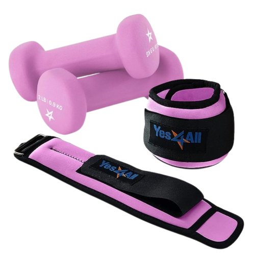 Yes4All Workout Weights Sets: Ankle Weights (1.5lbs x2) with Adjustable Strap and Neoprene Coated Dumbbell Hand Weight (2lbs x2) - for Women & Men in Jogging, Running, Aerobics, Cardio Routine
