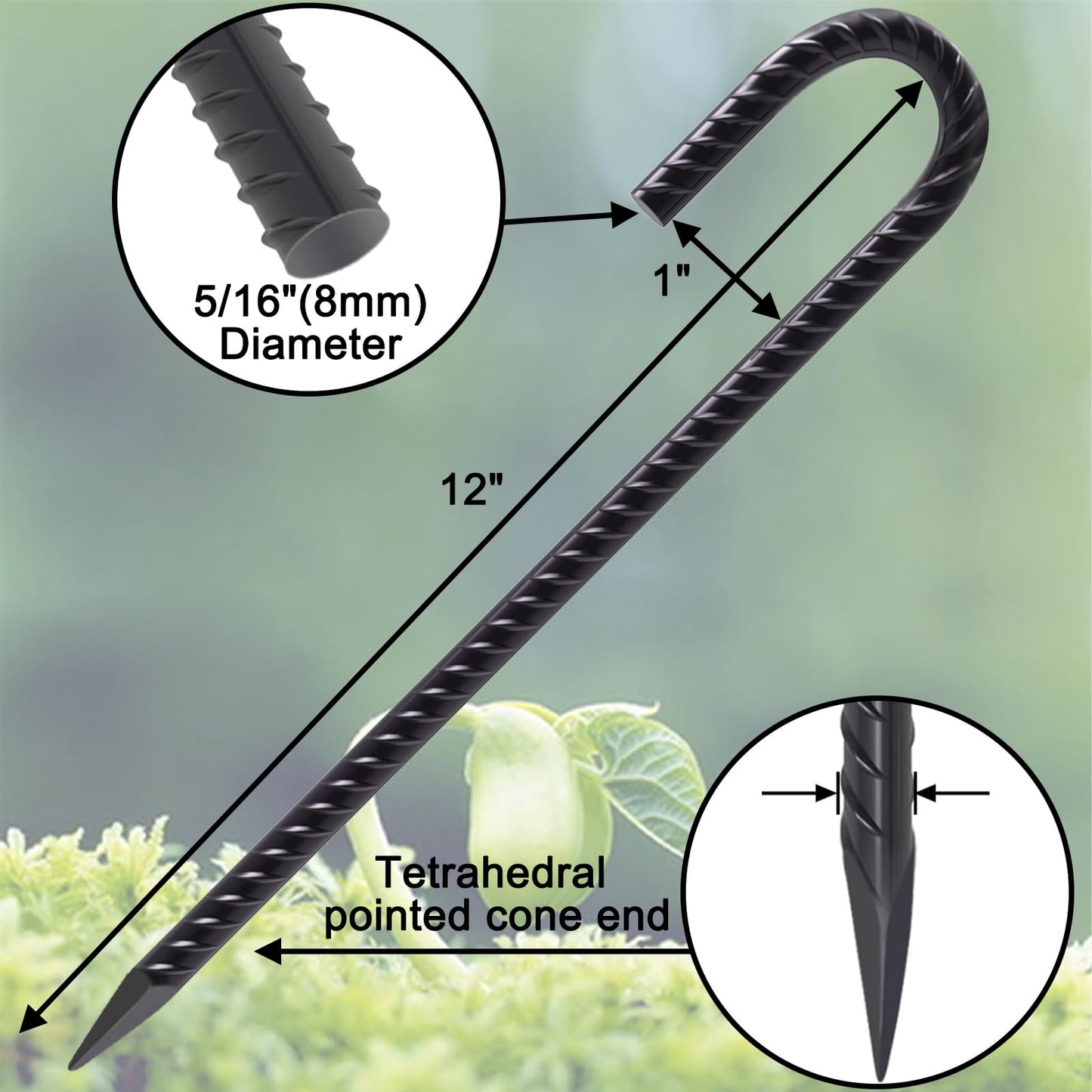 VVOKGO Rebar Stakes 12 Inches J Hook Heavy Duty Chain Link Fence Stakes, 8 Pcs Metal Long Tent Spikes Ground Anchors for Wire Fencing, Dogs Digging, Camping Tents, Swings, Greenhouse, Black