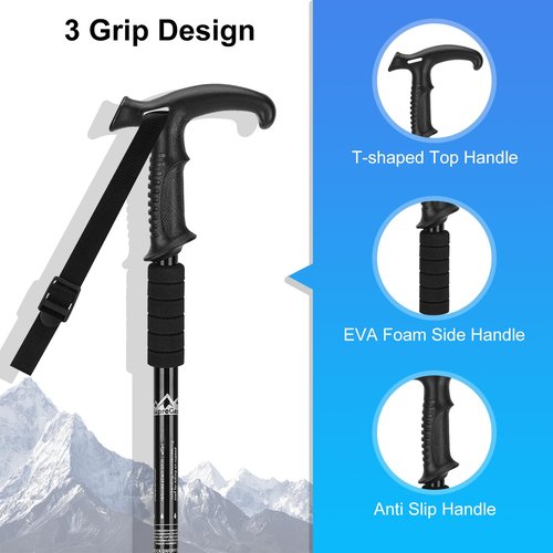 supregear Trekking Poles, 2 Pack Lightweight Aluminum Hiking Poles 3-Section Adjustable Telescopic Shockproof Walking Sticks with T-Handle for Kids Adults Seniors Men Women Camping Backpacking, Black