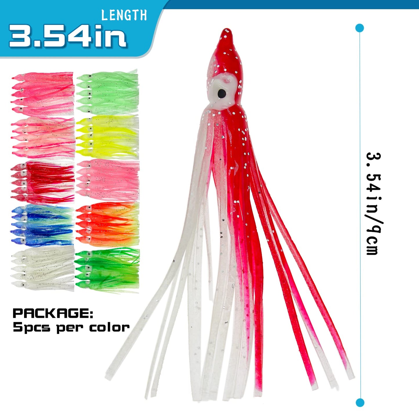Gefischtter 50PCS Squid Swimbait Fishing Soft Plastic Lures Glow Octopus Skirt Worm Lure Kit for Sea Fishing (3.54in)