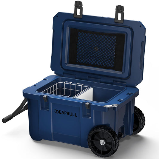 55 Quart Cooler with Wheels, Ice Chests Portable Camping Cooler Holds Ice up to 6 Days, Leak-Proof Outdoor Insulated Cooler with Handle, Cup Holders, Hard Cooler for Camping, Beach, Boat, Navy Blue