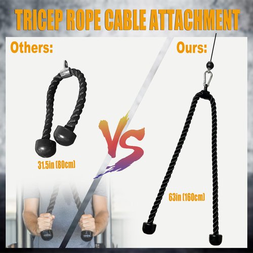 KORIKAHM Long Tricep Rope, Rope Pull Down Attachment 47 55 Inch Length Long, Tricep Rope Cable Attachment, Tricep Pull Down Rope for Home Gym Pulley System,Cable Machine Attachment (Length 63'')