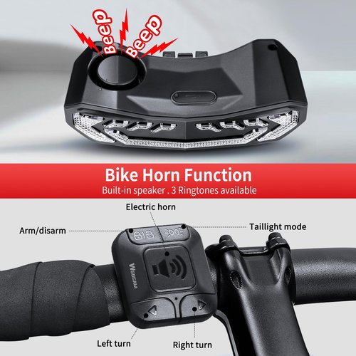 WSDCAM Smart Bike Seat Tail Light with Turn Signals and Brake Light, Bicycle Alarm Horn with Remote, Rechargeable Alarm, Auto ON/Off, IP65 Waterproof, High Intensity Rear Accessories Fits Any Bike