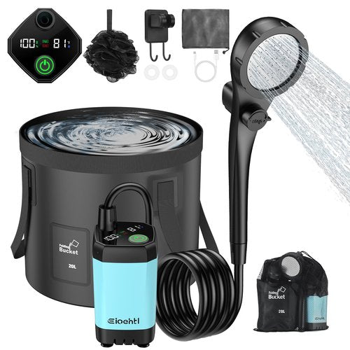 Portable shower for camping, 6000mAh Camping Shower with LED Display, Camp Shower with 5 Gallons Collapsible Bucket, portable camping shower with 3 Spray Modes for Hiking, Travel, Car, Pet