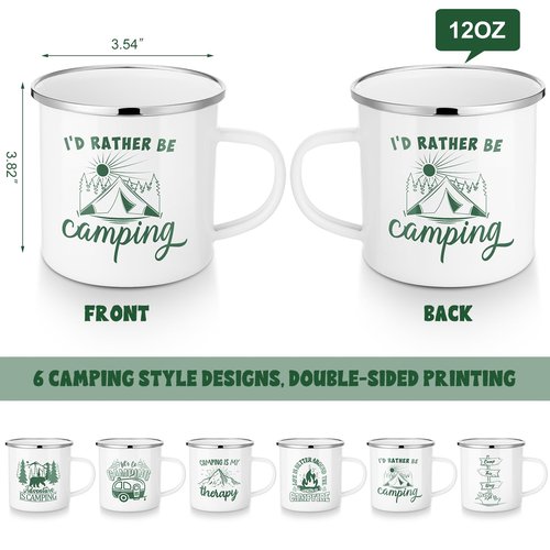 Pickmesh 6 Pcs Camping Mugs Enamel Cups 12oz Coffee Cups with Handle Camping Gifts for Outdoor Hiking Backpacking Lovers(Elegant Style)