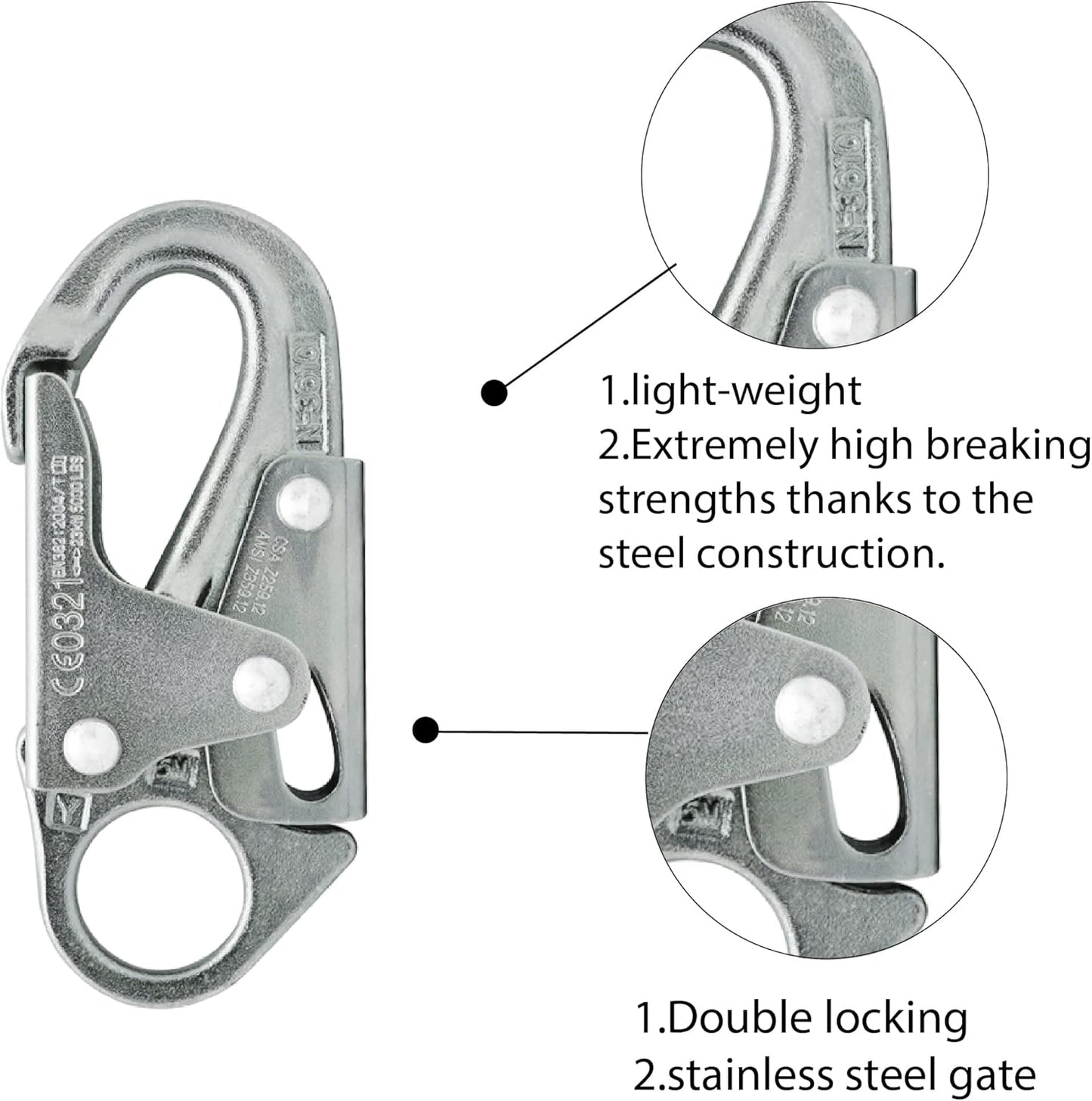 Forged Steel Snap Hook 25KN - Fusion Climb® Maxi-2 - Professional Fall Protection Snap Hook - Heavy Duty Carbon Steel - Double-Action Snap Hook for Safety, Climbing, Rappelling - OSHA