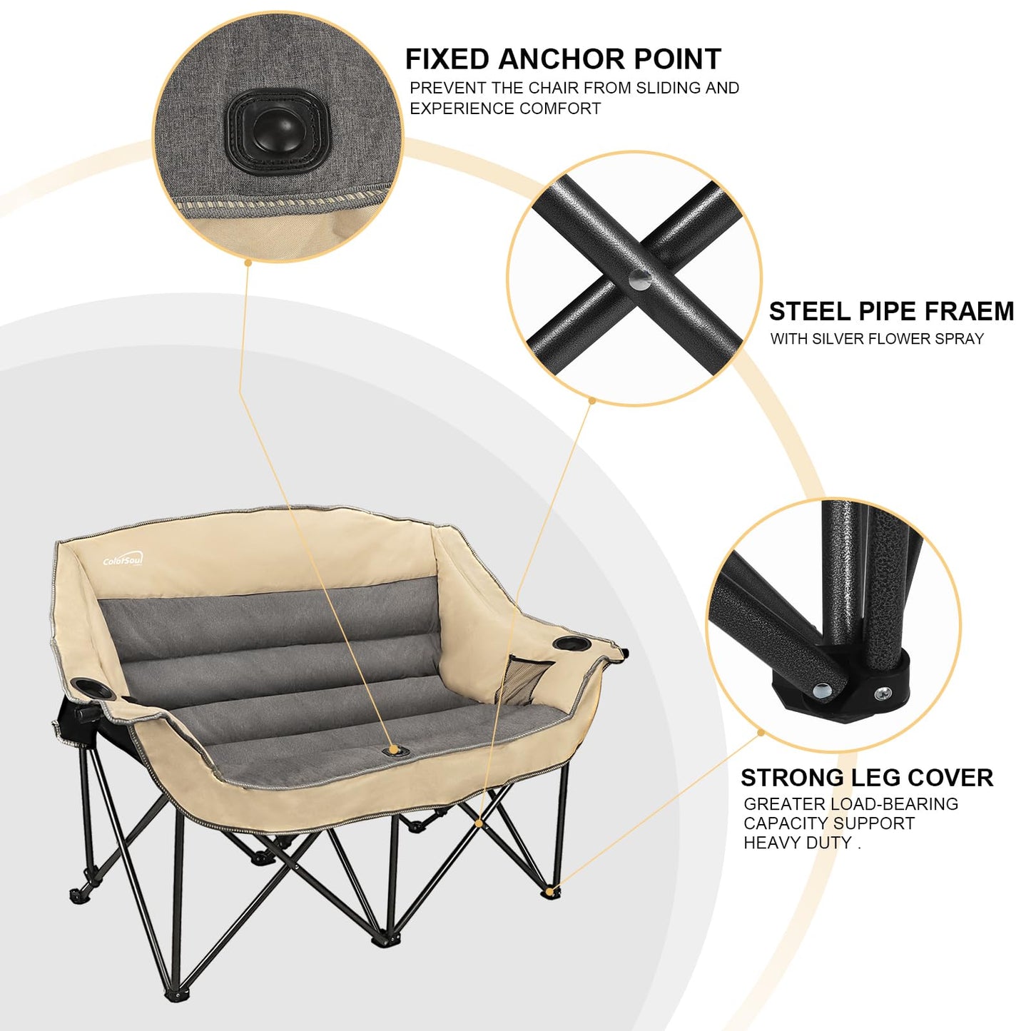 2 Person Fully Padded Camping Chair Oversized Loveseat Camping Chair Double Camping Chairs for Adults Heavy Duty Outdoor Camping Couch, Padded Seats & Armrests, 600Lbs, Beige