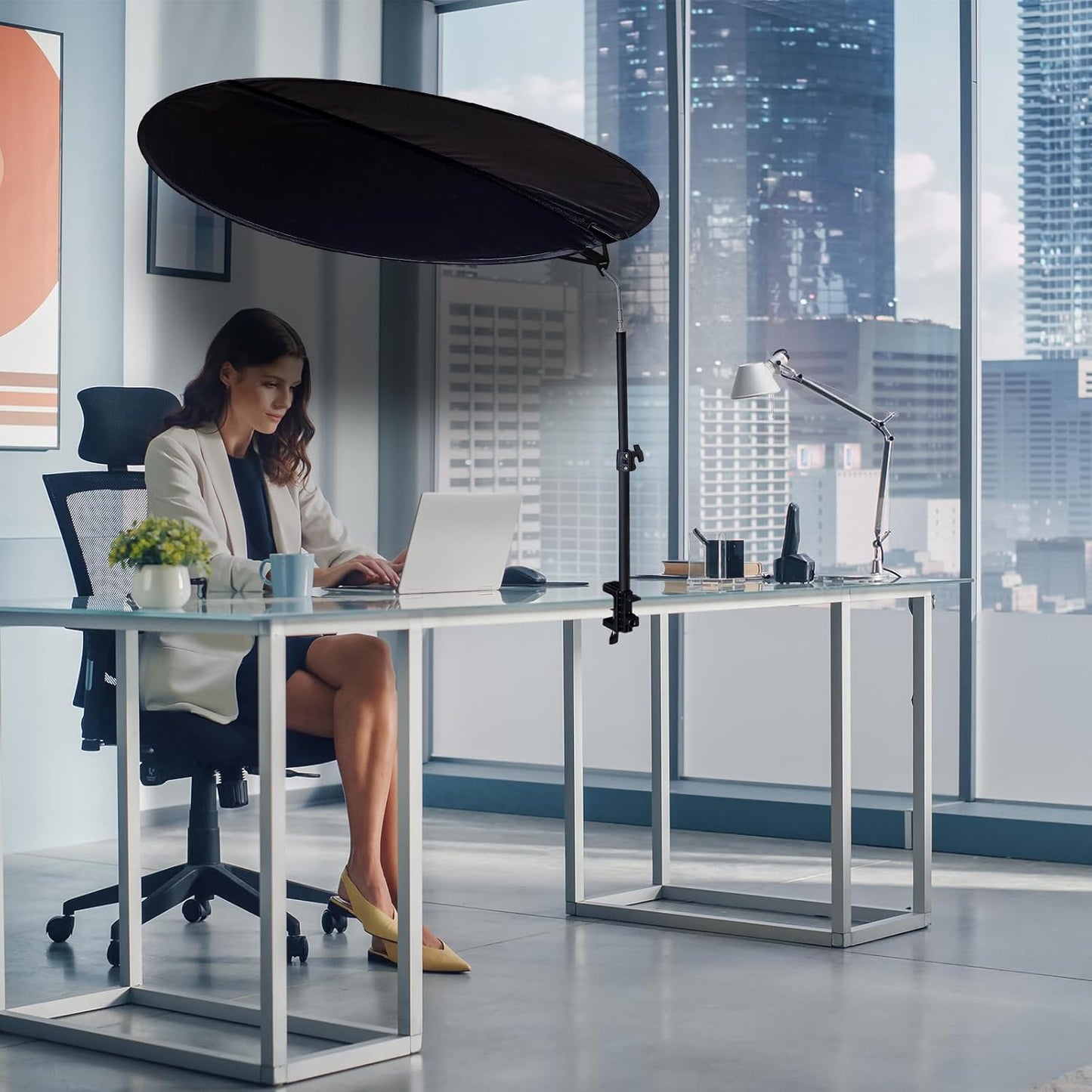 Office Cubicle and Desk Shade - Foldable 36" Circular Shading, Light-proof Desk Canopy，Light Shade with Clamp and Rotatable Rod, Designed for Light Sensitive Workers