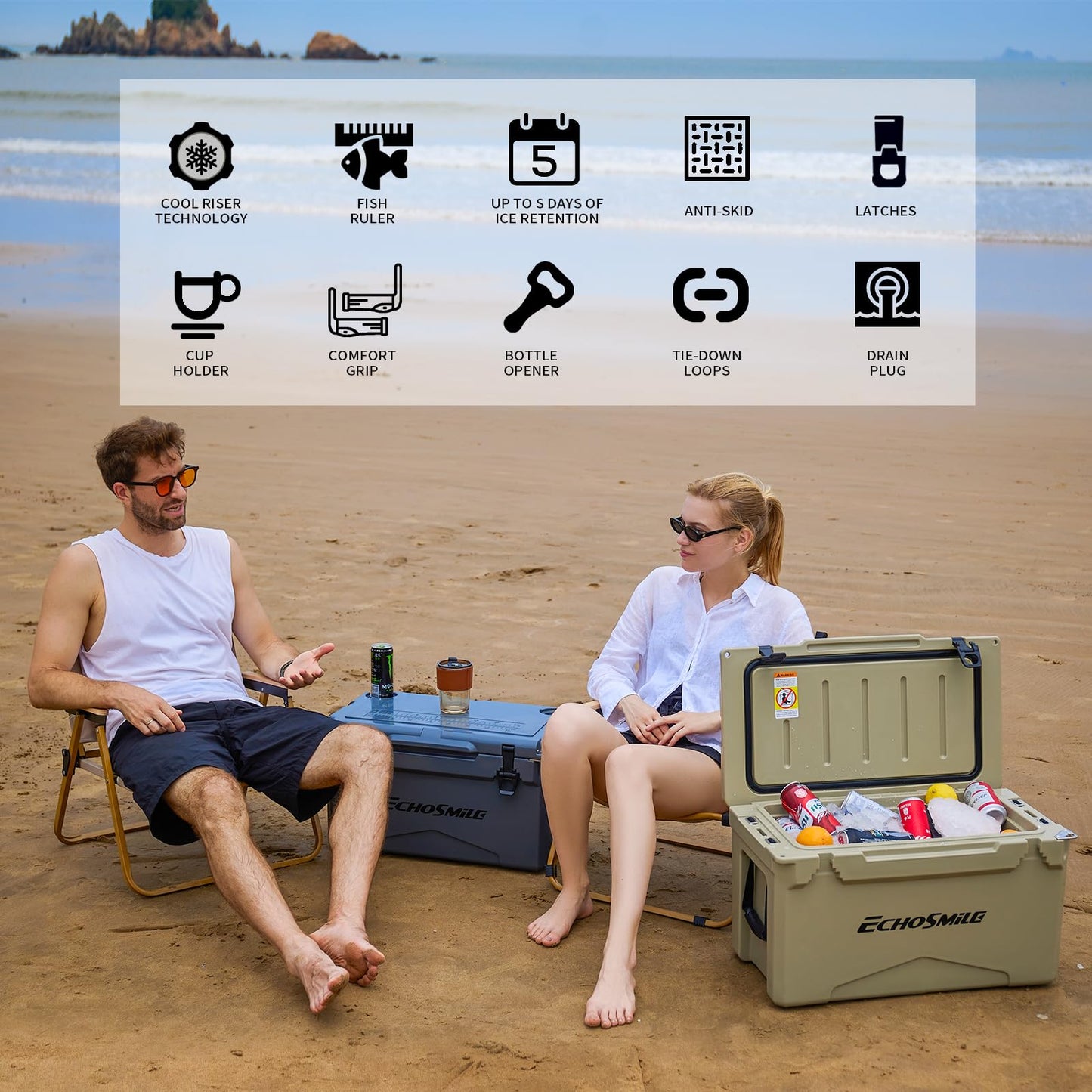 EchoSmile 25/30/35/40/60/75 Quart Rotomolded Cooler, Built to Stand up to The Rigors of The Journey