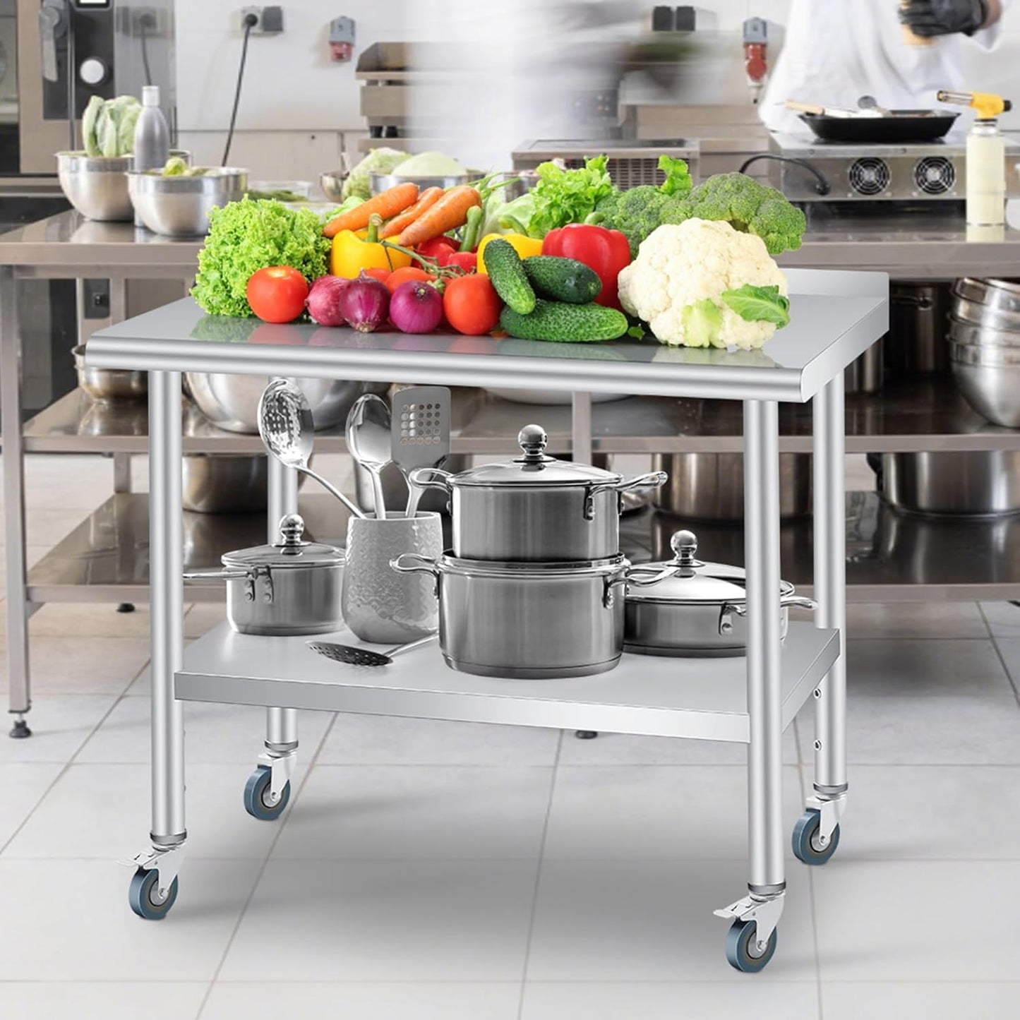 Stainless Steel Prep Table, 48 x 24 Inches, with Backsplash, Adjustable Undershelf and 4 Caster Wheels, Commercial Heavy Duty Table with Adjustable Under Shelf for Outdoor Use,Restaurants,Hotels,Works