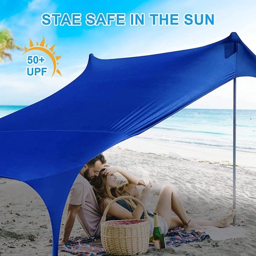 YUEWO Beach Canopy Sun Shade with UPF 50+ UV Protection, Beach Tent Sun Shelter with Sandbags, Poles and Ground Pegs, Anti-Wind Ropes, Outdoor Pop Up Tent for Camping, Backyard and Picnics