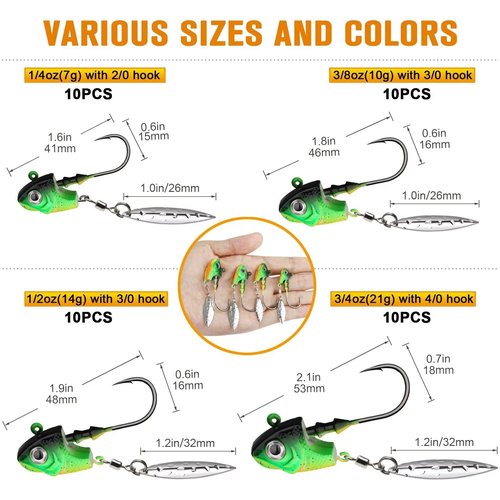 Dovesun Underspin Jig Heads Saltwater Fishing Jig Heads for Bass Fishing Rattling Jig Head 1/4oz(7g) 10PCS