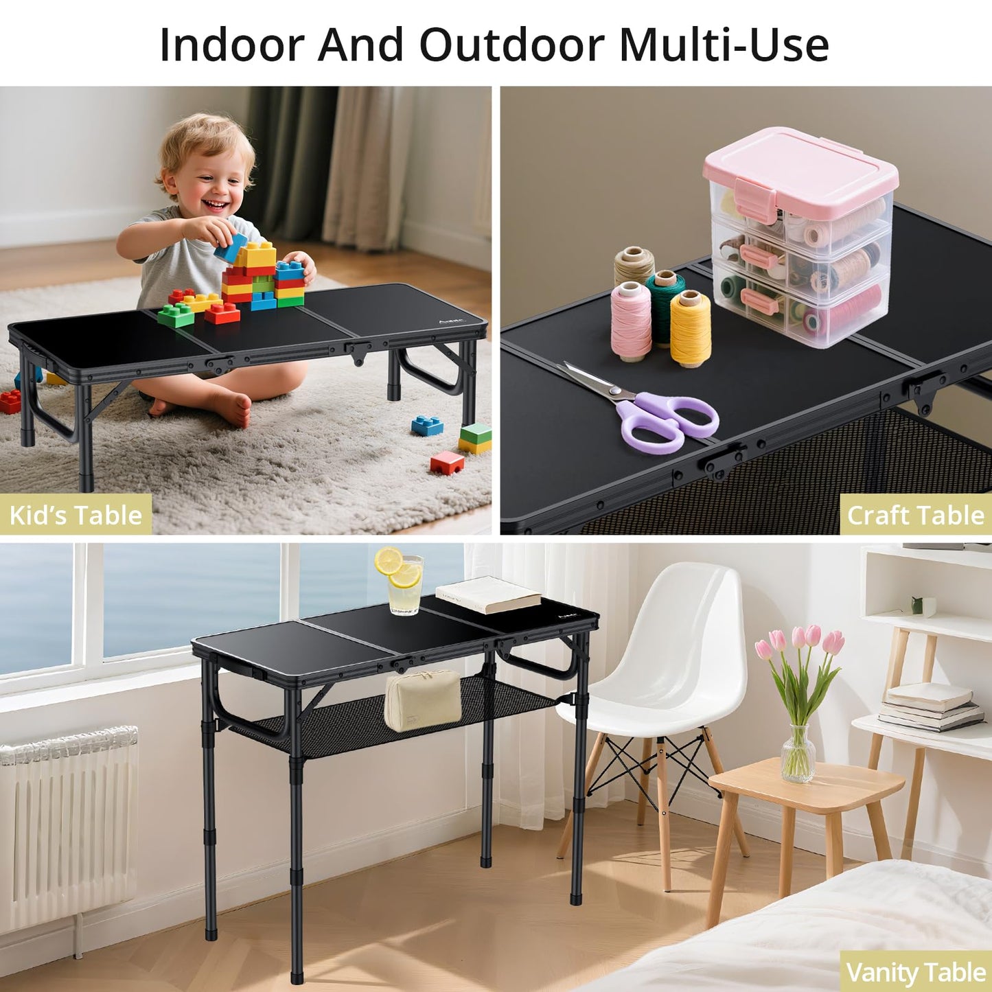 Anbte Folding Camping Table with Storage Net, 3ft Camping Table Aluminum Folding Table with 3 Adjustable Height Max 27.5 Inch Picnic Table Portable Table for Outdoor Backyard BBQ, Pure Black