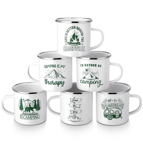Pickmesh 6 Pcs Camping Mugs Enamel Cups 12oz Coffee Cups with Handle Camping Gifts for Outdoor Hiking Backpacking Lovers(Elegant Style)