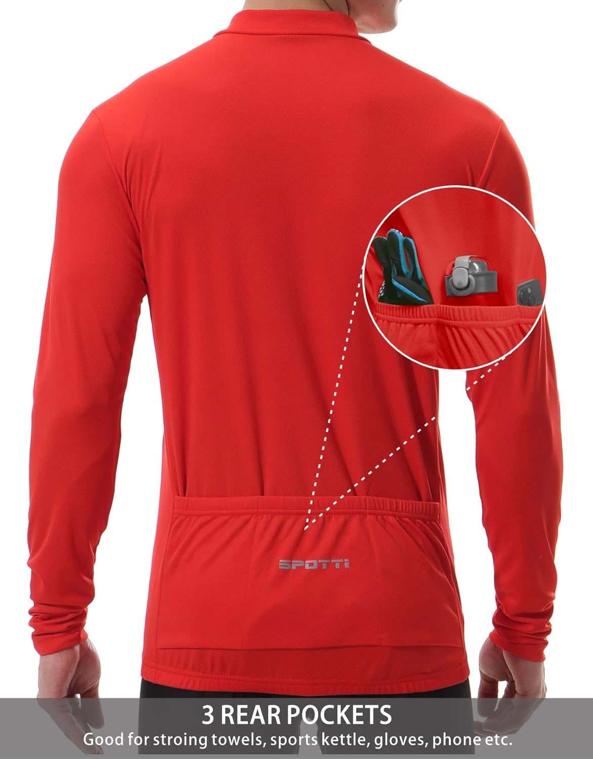 Spotti Men's Cycling Bike Jersey Long Sleeve with 3 Rear Pockets - Moisture Wicking, Breathable, Quick Dry Biking Shirt