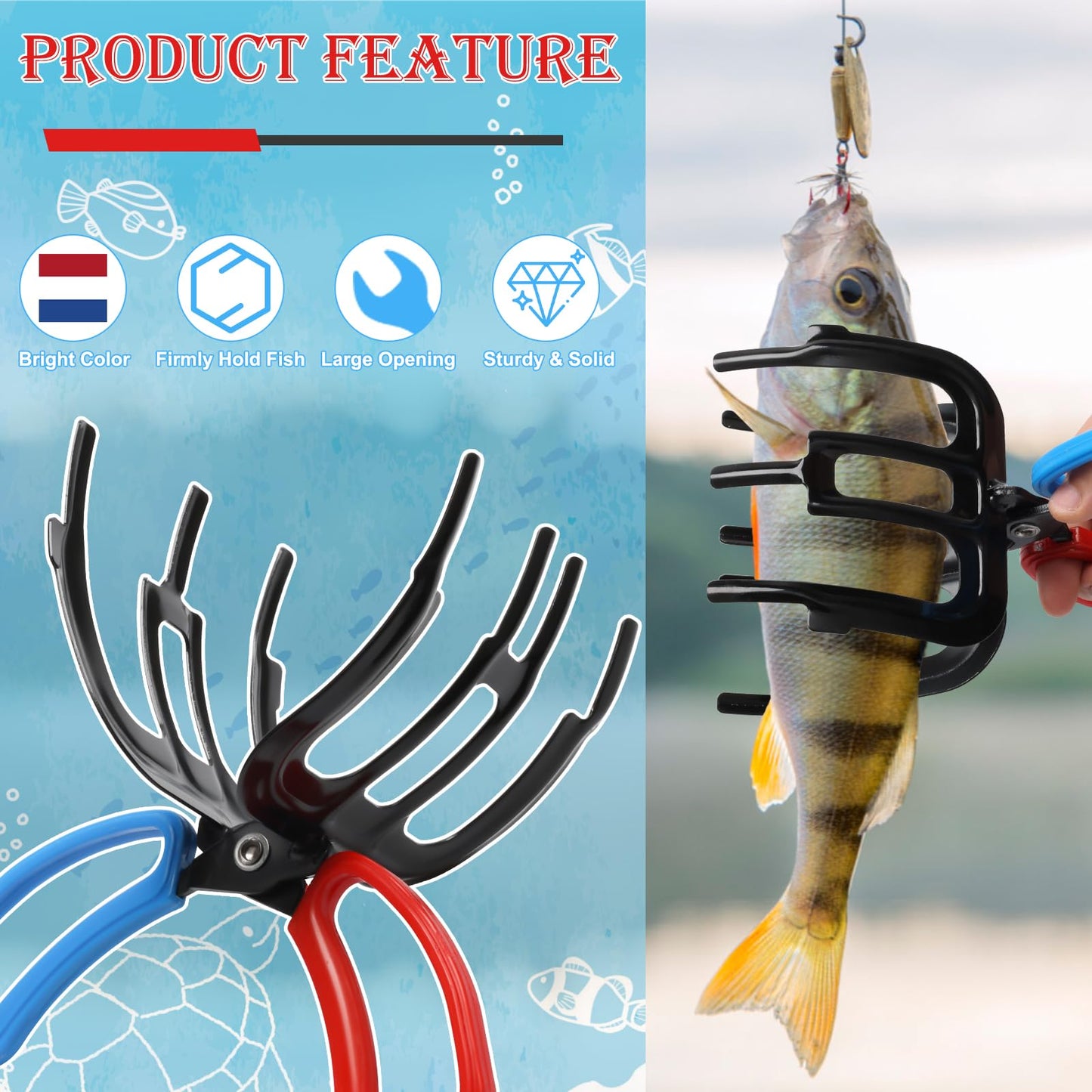 Anglekai 2 Pack Fish Gripper, Non-Slip 3 Claw Metal Fishing Pliers Gripper for Fish Control Clamp, Colorful Fishing Claw Grabber Holder