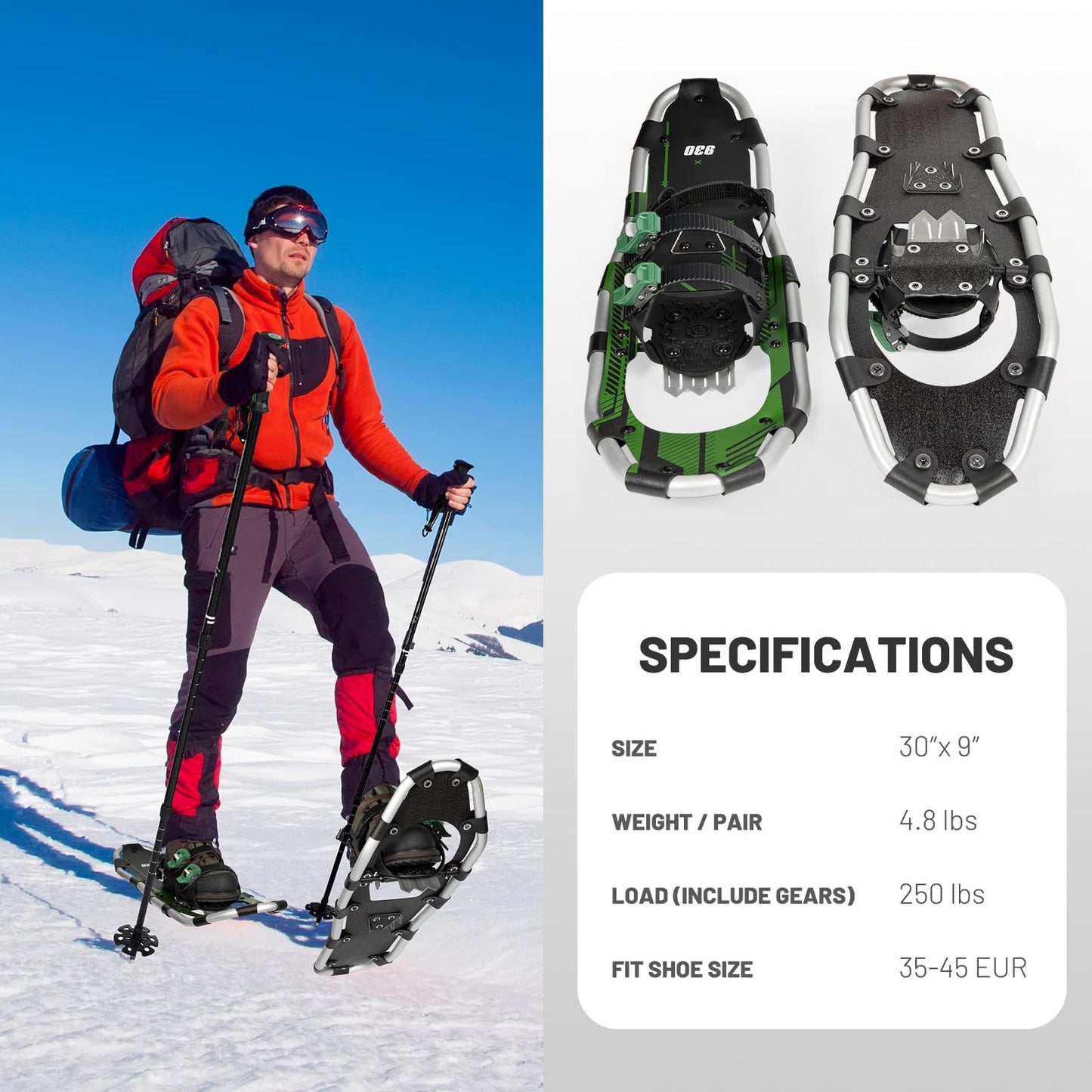 G2 30 Inches Light Weight Snowshoes Set with Trekking Poles, Anti-Slip Sole, Fast Ratchet Binding, for Women Men Youth (Green)