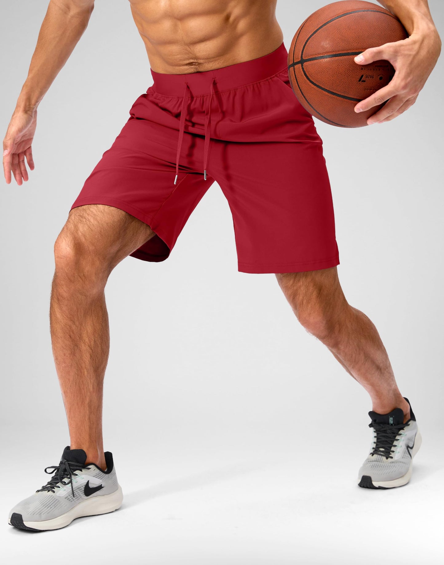 Soothfeel Men's Running Shorts with Zipper Pockets 9 Inch Lightweight Quick Dry Gym Sports Athletic Workout Basketball Shorts for Men (Bone, M) Red