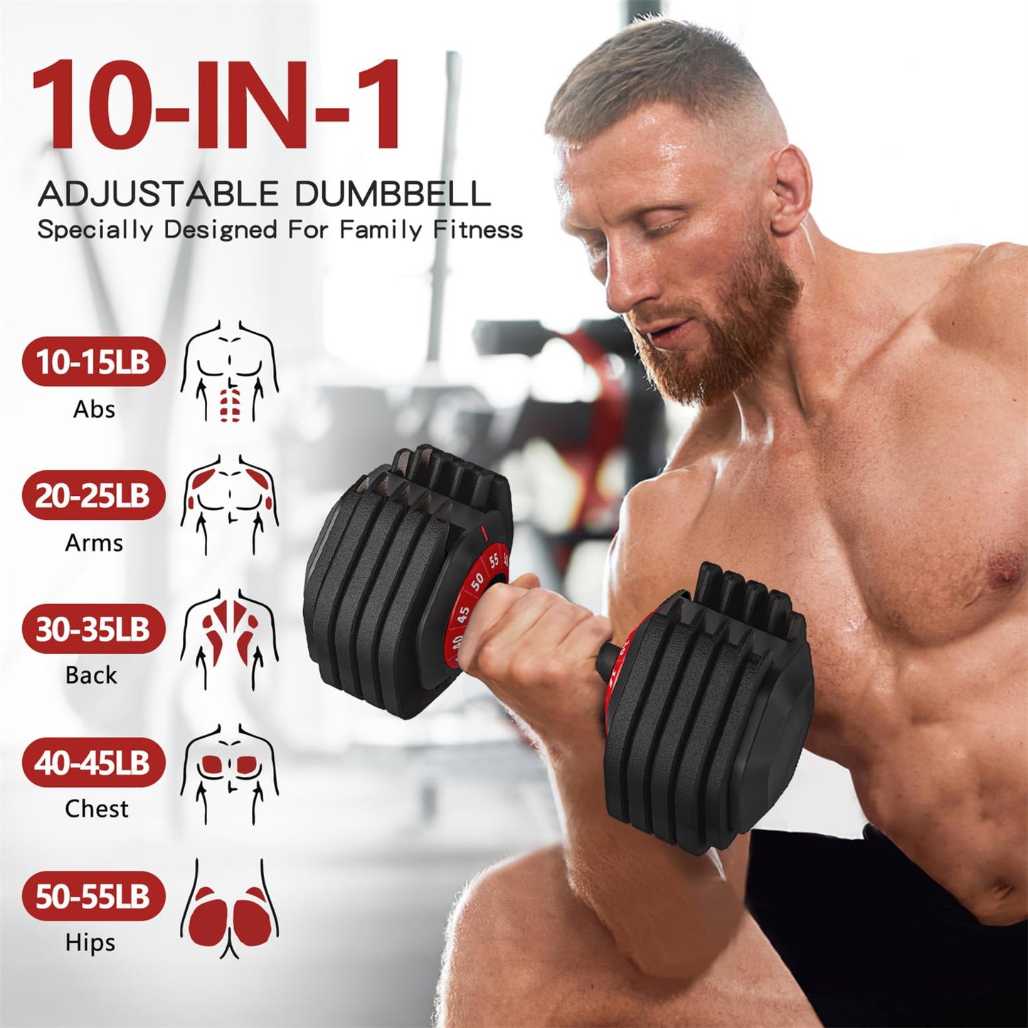 Adjustable Dumbbell 55LB Single Dumbbell 10 Weight Options, Anti-Slip Metal Handle, Perfect for Home Fitness Training