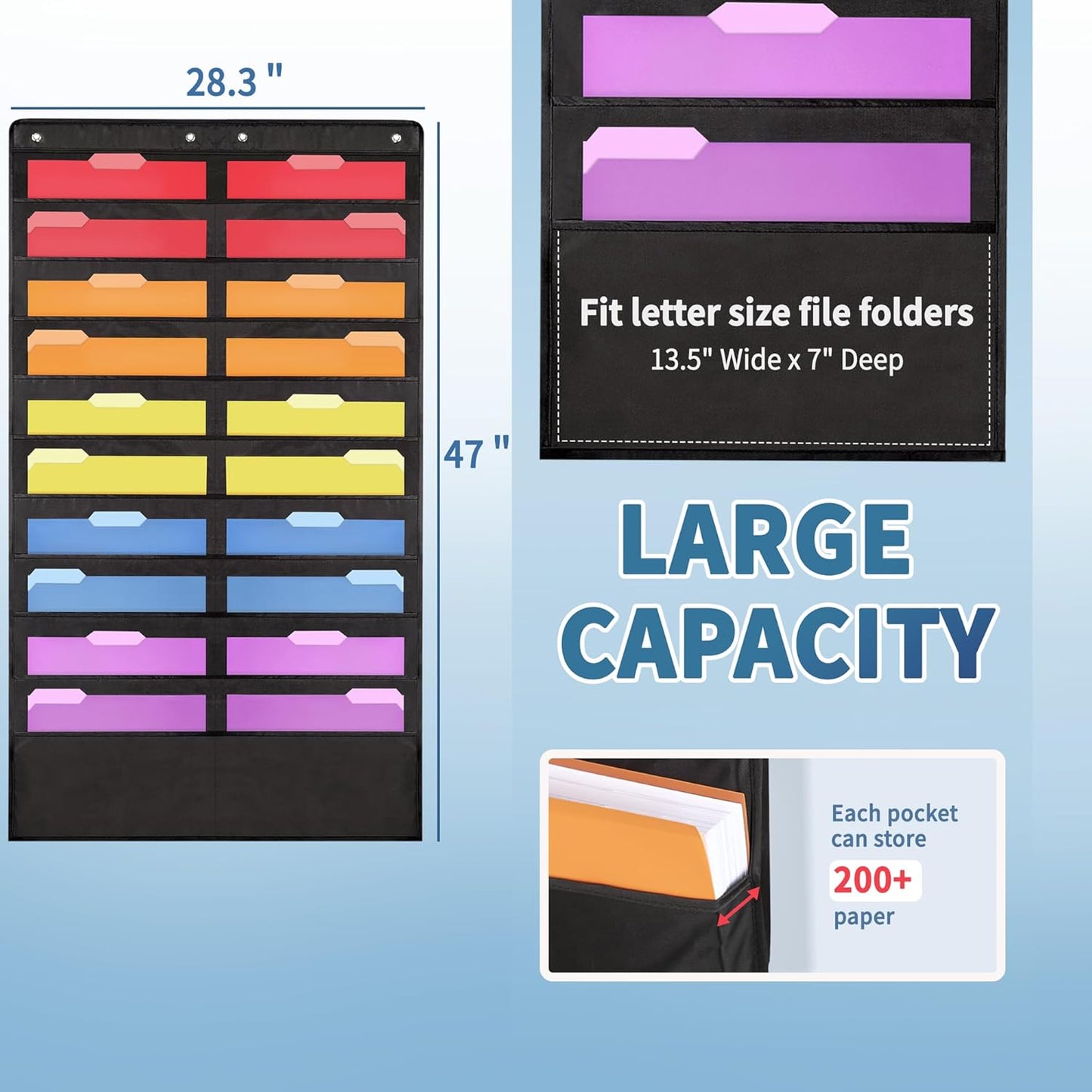 Annecy 10 Pockets Hanging Wall File Organizer, Black Storage Pocket Chart for File Folder and Paper, Space Saver for Office and Classroom, with Wall Hangers, Over The Door Hooks, Labels
