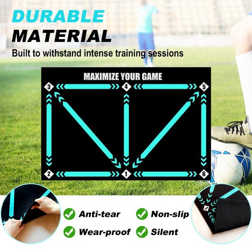Doskona Football Footstep Training Mat, Soccer Training Mat 35 * 24IN, Soccer Skills Training Equipment with Storage Bag and Soccer Return Trainer Net (Black-Blue)