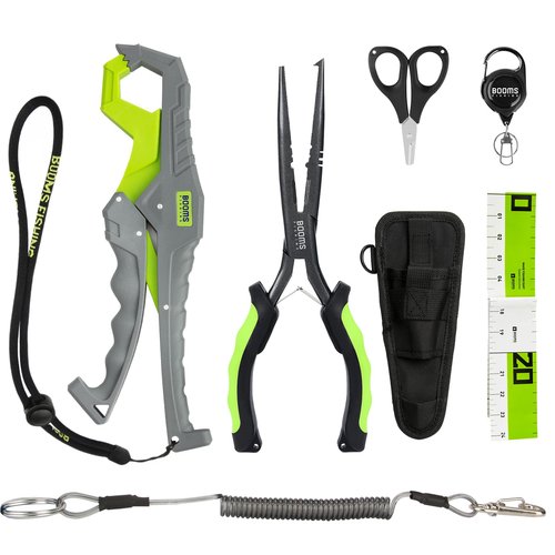 Booms Fishing Gear and Equipment: 6pcs Fishing Tools Kit with Needle Nose Pliers, Fish Gripper, Scissors, 24" Ruler, Retractor & lanyard - Saltwater Fishing Tackle Accessories Gifts for Men, TK1 Green