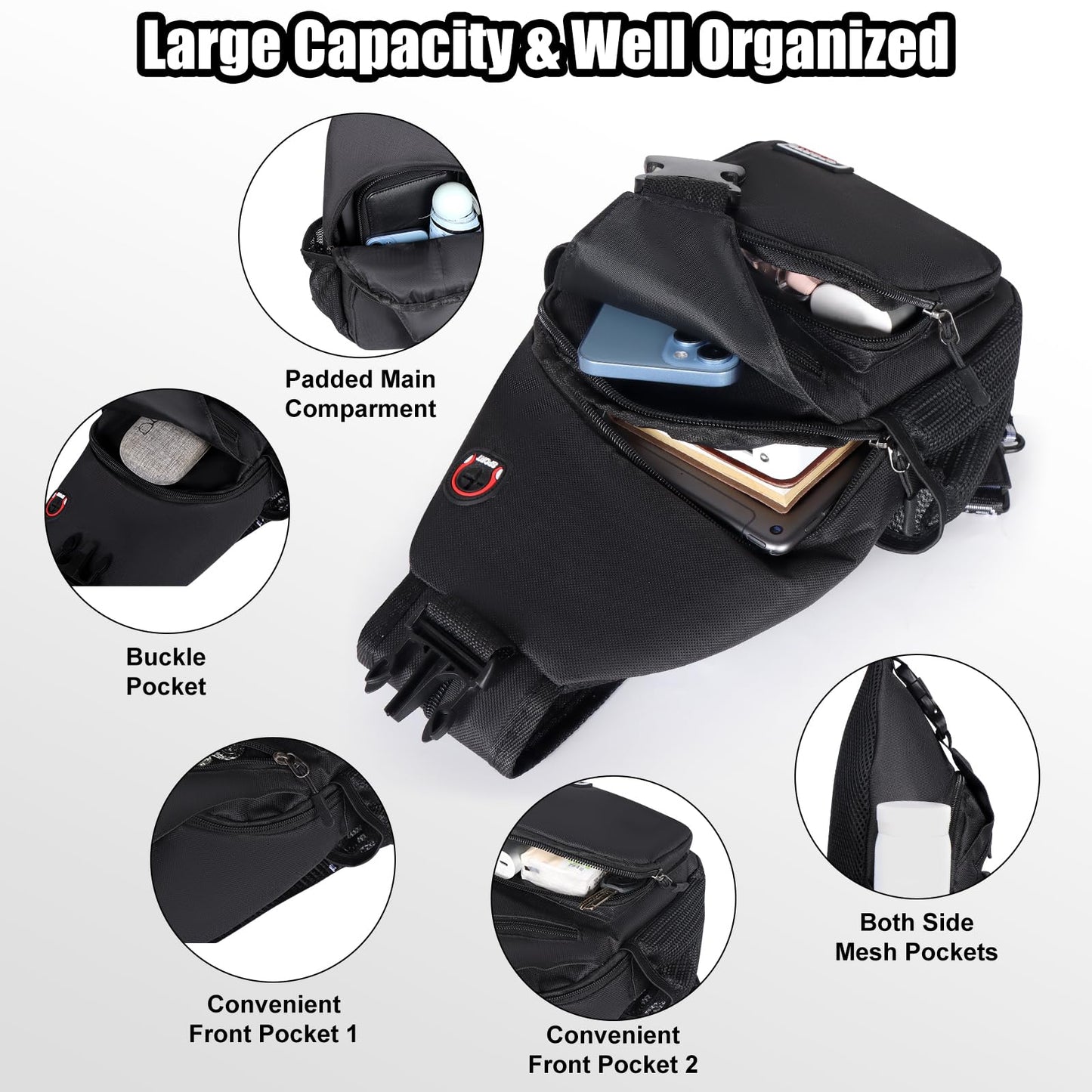 Geestock Crossbody Sling Bag for Men & Women, 2-1 Small Backpack Convertible Sling Backpack Waterproof Shoulder Chest Bag for Daypack Travel Hiking (Black)