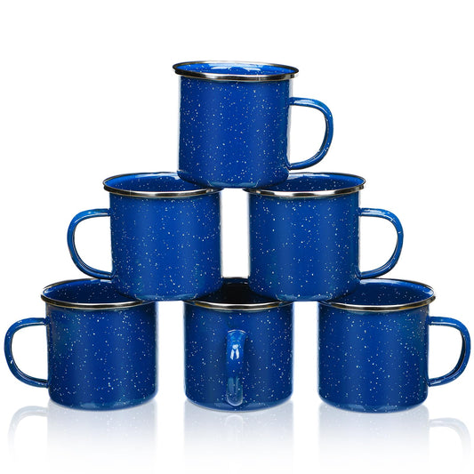 6 Pcs Enamel Camping Mugs Small Coffee Mugs Tea Cups Portable Vintage Campfire Camping Cups Bulk with Handle for Coffee Tea Home Picnic Travel Indoor and Outdoor Activities,12 oz (Blue)