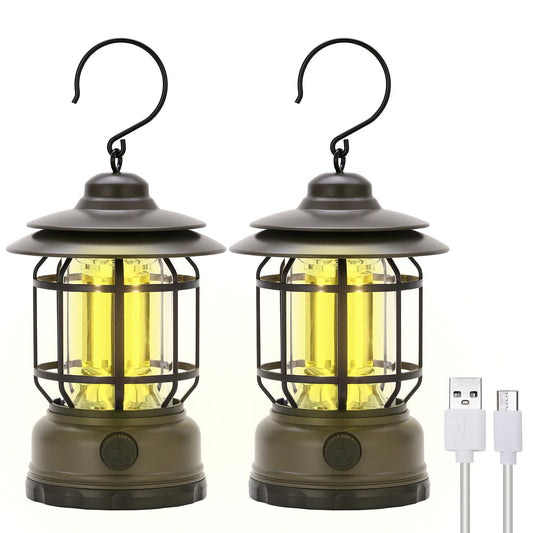 Rechargeable Portable LED Camping Lanterns, Vintage Style Tabletop Lantern, Stepless Dimming, Waterproof - Green, 2 Pack for Camping, Hanging Tent Light, and Power Outages