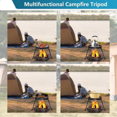 YBTMG Folding Campfire Tripod with 304 Stainless Steel Grill, Heavy Duty Cast Iron Camping Stand for Cooking Dutch Oven for BBQ Picnic Hiking Fishing Travel