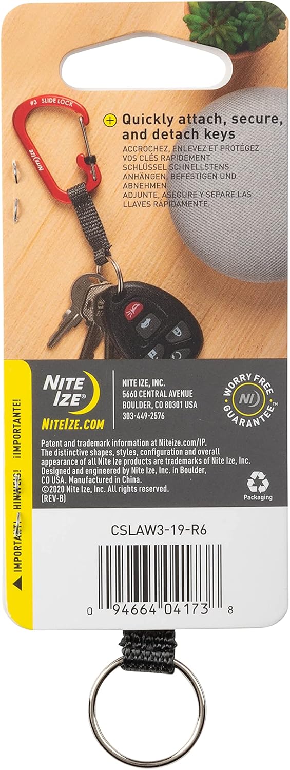 Nite Ize SlideLock Key Ring, Aluminum Locking Carabiner Key Chain with Webbing, Blue