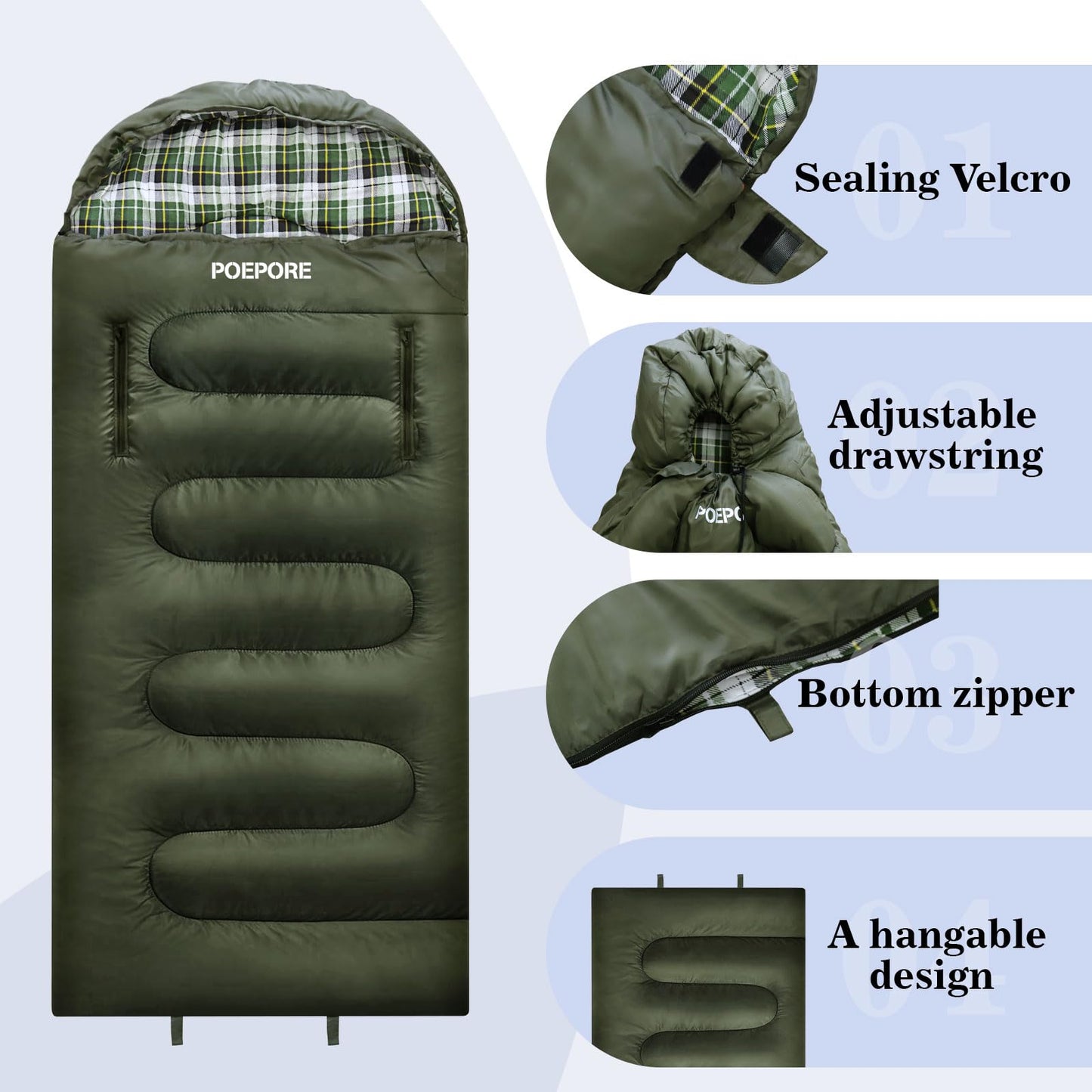 POEPORE Flannel Sleeping Bag Lightweight Warm Weather 3-4 Seasons for Adults XL Wearable Sleeping Bag Waterproof with Compression Sack Olive
