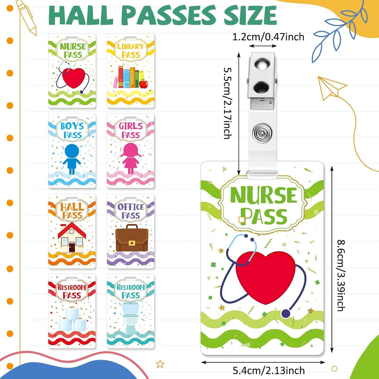 Ctosree 8 Set Unbreakable PVC Hall Pass and School Passes Set with Badge Clips Teacher Supplies for Classroom Elementary Middle School Restroom Library Office