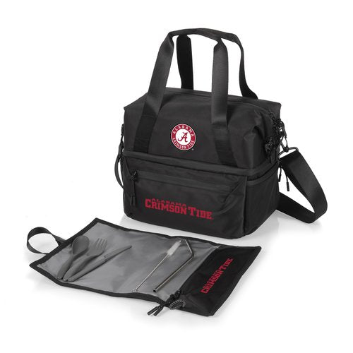 PICNIC TIME NCAA Alabama Crimson Tide Tarana Lunch Bag Cooler with Utensils made from Recycled Material, Lunch Box with Picnic Set, Upcycled Lunch Cooler Bag, (Carbon Black)