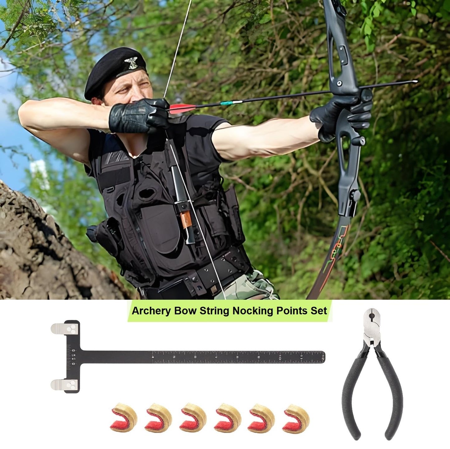 Rcfamliy Archery Bow Tuning Kit T-Square Ruler, Nock Pliers & 6 Brass Nocking Points for Recurve Bow | Precision Tools for Arrow Tuning & Bow String Adjustment