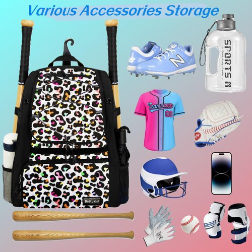 Baseball Bag, Youth Baseball Bag Softball Bat Bag with Shoe Compartment, Baseball Equipment Bag TBall Bat with Fence Hook, for Batting Mitten, Helmet, Teeball Gear Adult Colorful Leopard