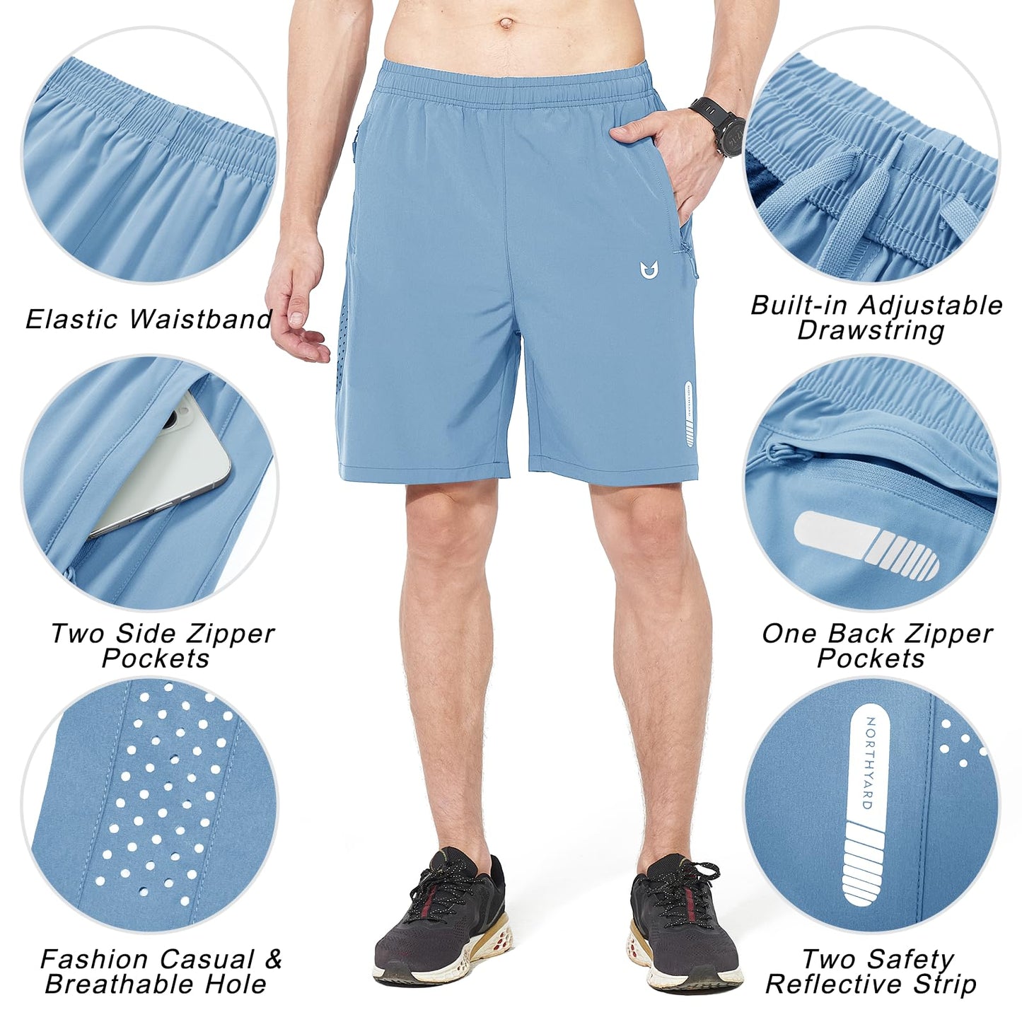 NORTHYARD Men's Athletic Running Shorts Gym Workout 7"/9"/5" Quick Dry Lightweight Sports Basketball Tennis 3 Zipper Pockets SkyBlue 3XL