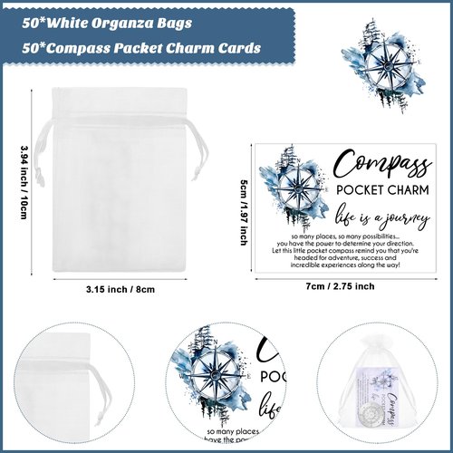 Beeveer 50 Sets Compass Pocket Tokens Bulk – Motivational Coins with ''Life is a Journey'' Quote, Cards & Organza Bags, Orientation Gifts for Students, Teachers, Friends